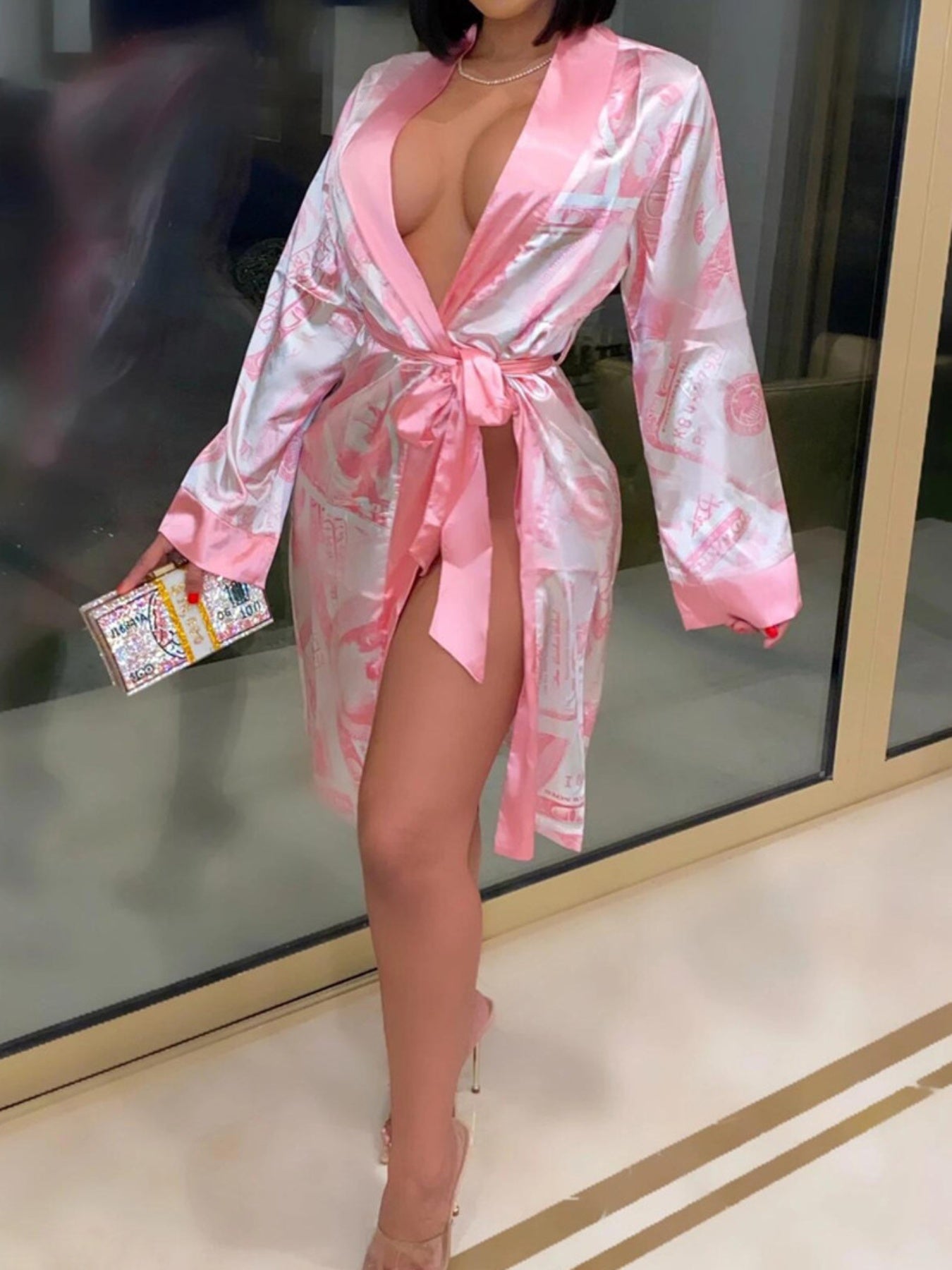 Women's Luxe Satin Robe with Golden Trim & Dollar Print - Long Sleeve V-Neck Kimono Bathrobe Sleepwear with Belt, Soft Polyester Fabric, Machine Washable, Ladies Bathrobe